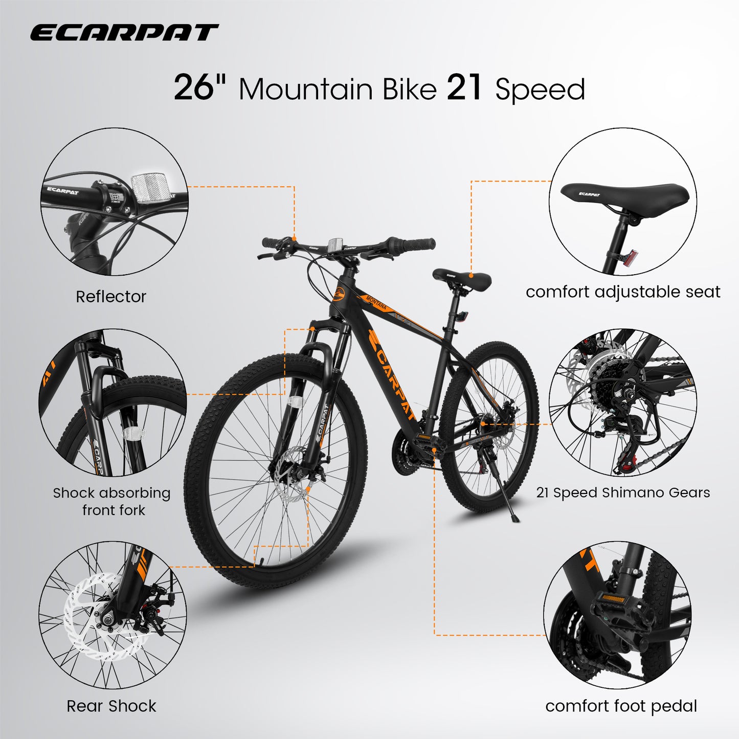 26 Inch Aluminum Mountain Bike Shimano 21 Speed Dual Disc Brake Front Suspension For Women Men Blue Orange