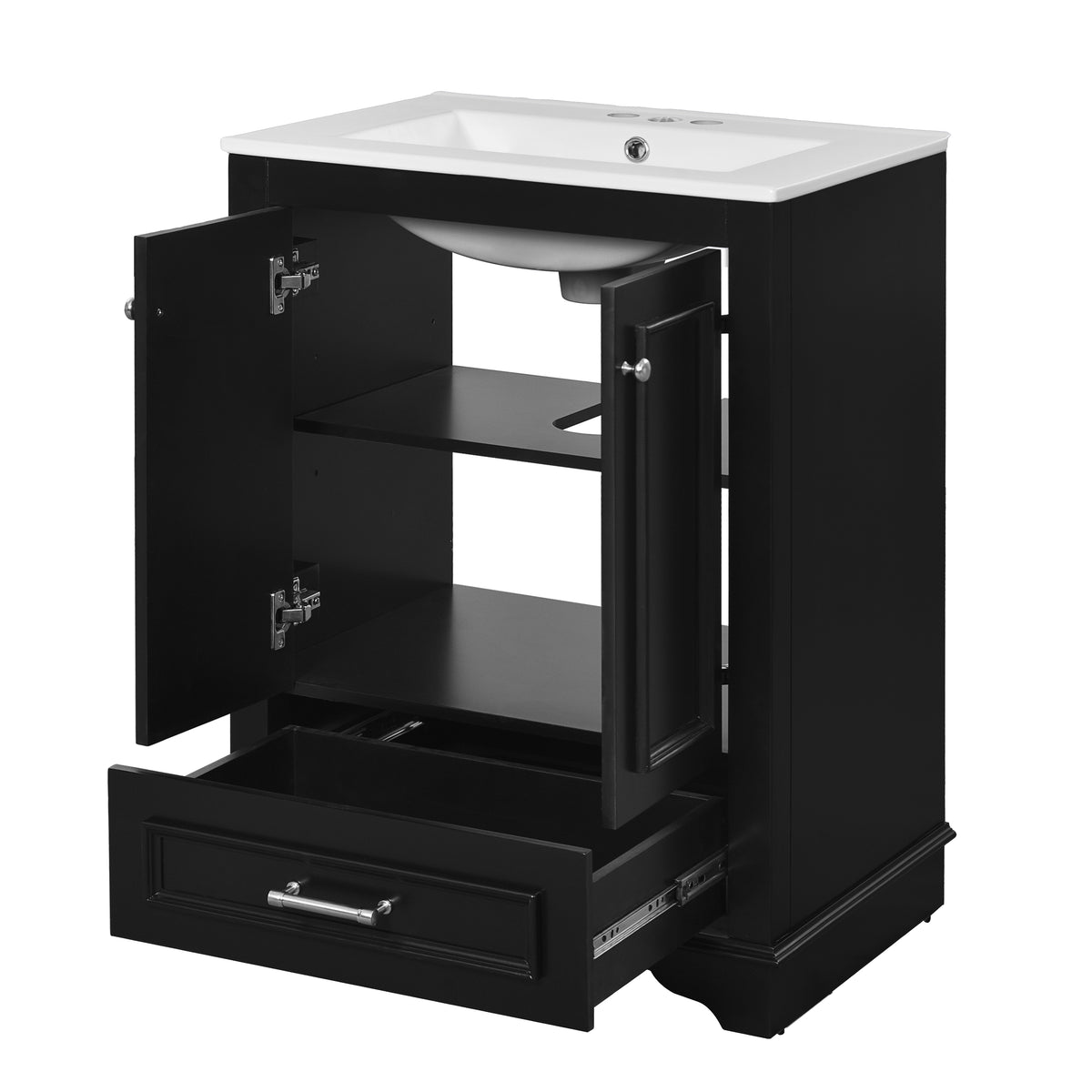 24" Bathroom Vanity with Sink, Modern Bathroom Vanity with White Ceramic Sink & Drawer, 3-Level Adjustable Shelf, Solid Wood Frame, for Small Bathroom,Black