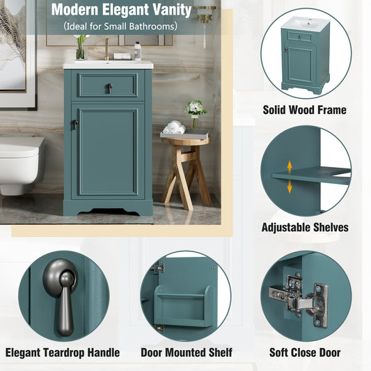 20" Bathroom Vanity with Sink, Classic Modern Bathroom Vanity Cabinet with U-Shaped Adjustable Shelf & Door Rack, Soft Close Door, Aluminum Handle,Green