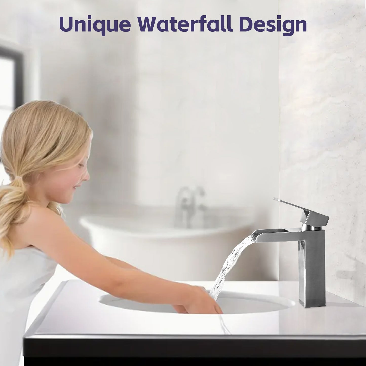 Bathroom Single Hole Three Hole Waterfall Sink Faucet Brushed Nickel Single Handle with Deck Plate and Pop-up Drain W1224P224286