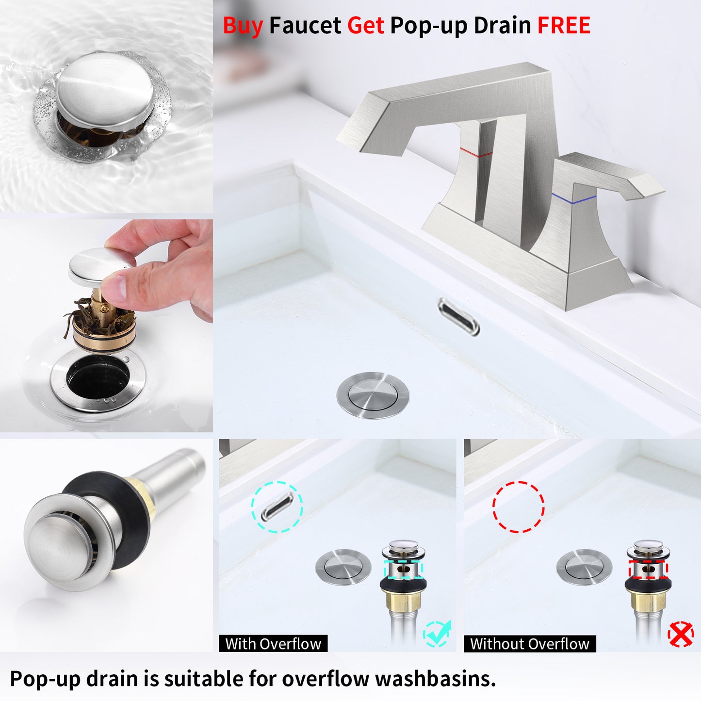 Bathroom Widespread Three Hole Sink Faucet Brushed Nickel Two Handles With Pop-up Drain T3177P277482