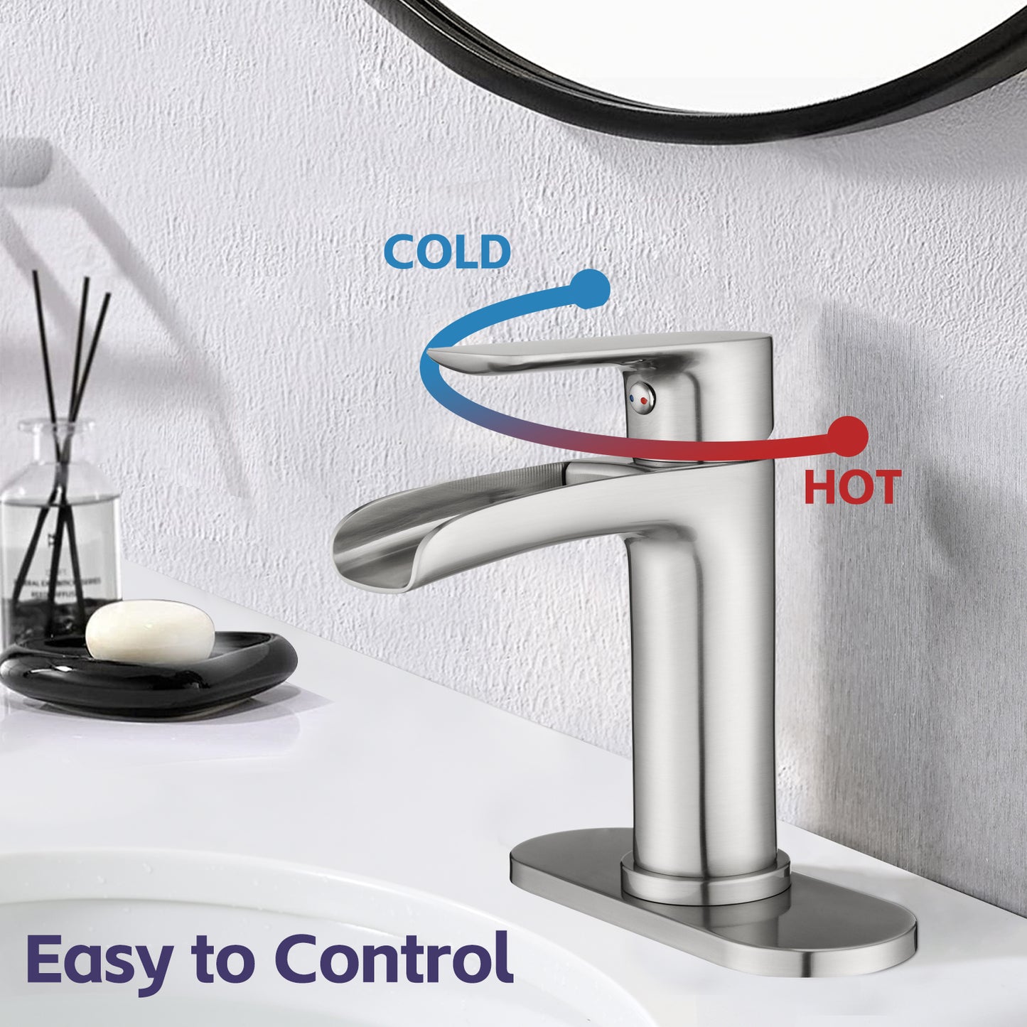 Bathroom Single Hole or Three Hole Waterfall Sink Faucet Brushed Nickel Single Handle with Deck Plate and Pop-up Drain W1224P225010
