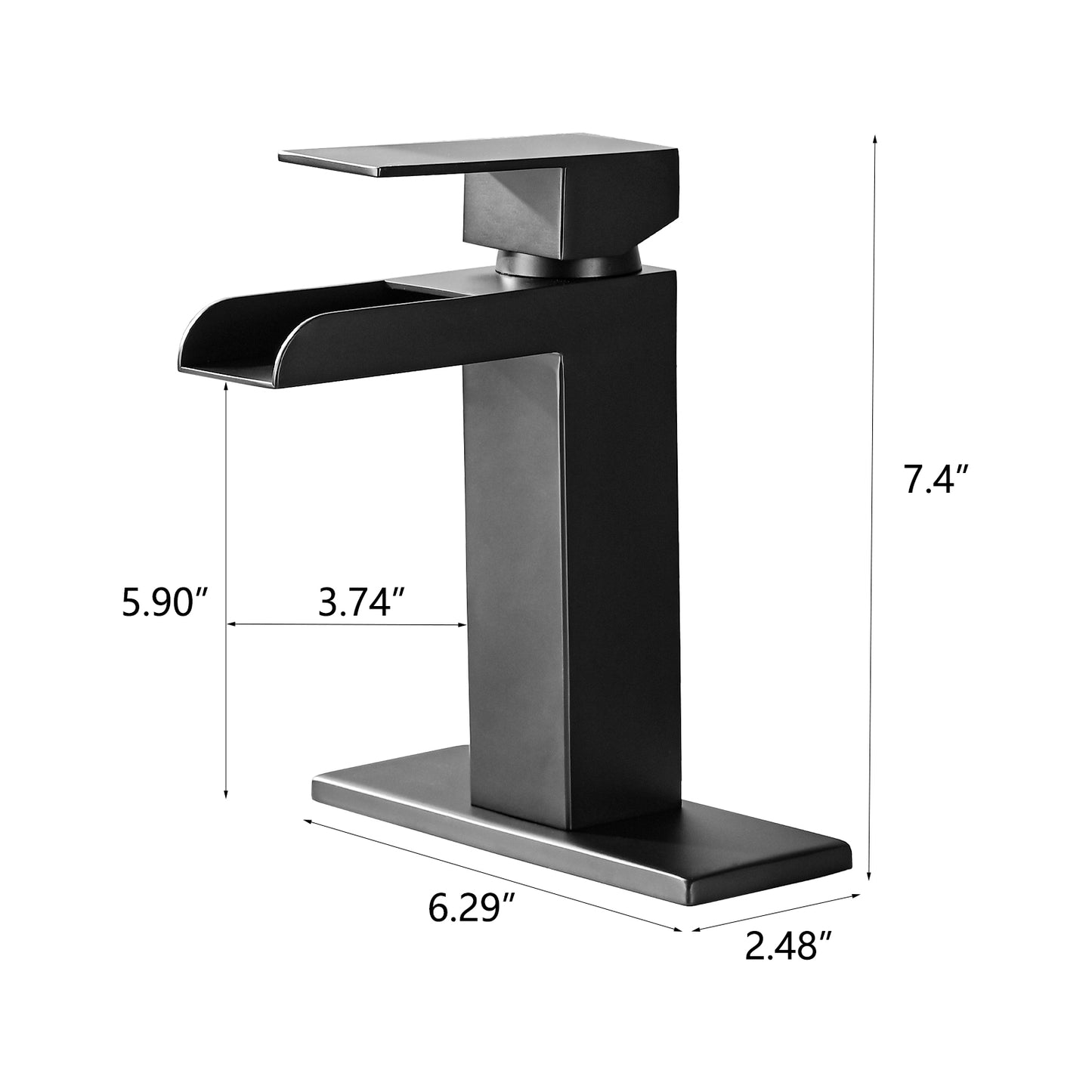 Bathroom Single Hole Three Hole Waterfall Sink Faucet Matte Black Single Handle with Deck Plate and Pop-up Drain W1224P224285