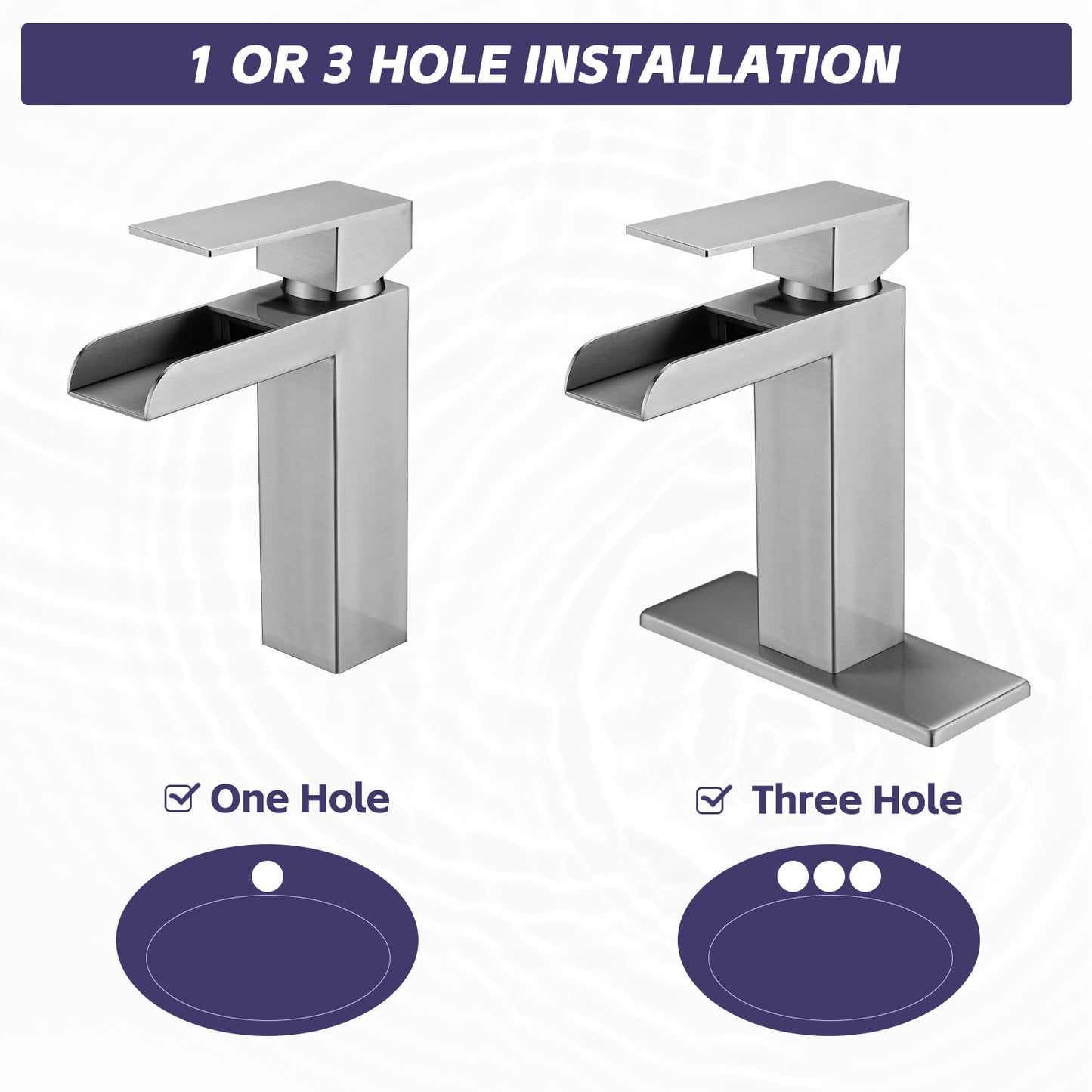 Bathroom Single Hole Three Hole Waterfall Sink Faucet Brushed Nickel Single Handle with Deck Plate and Pop-up Drain W1224P224286