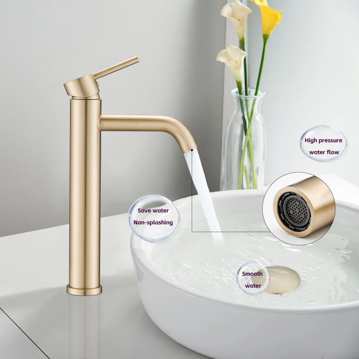 Bathroom Single Hole Vessel Sink Faucet Brushed Gold Single Handle W1224P206893