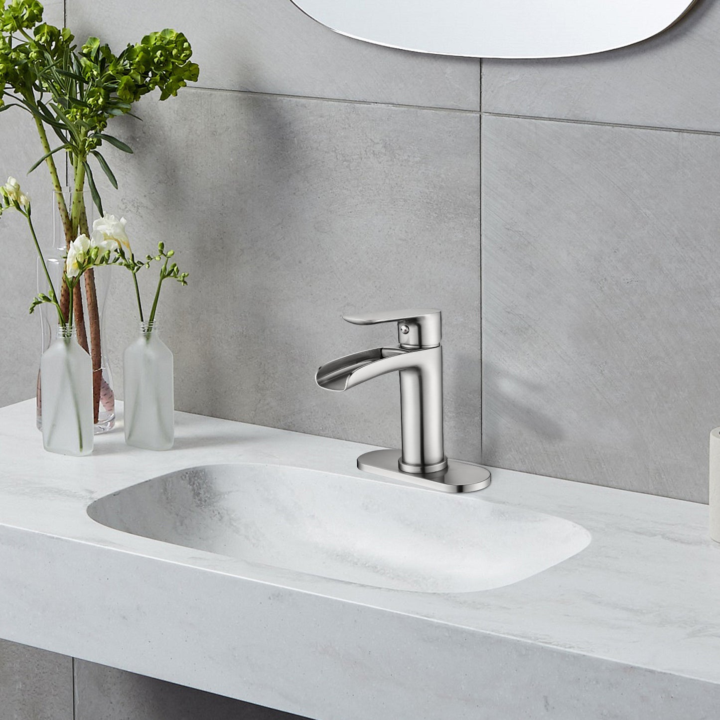 Bathroom Single Hole or Three Hole Waterfall Sink Faucet Brushed Nickel Single Handle with Deck Plate and Pop-up Drain W1224P225010