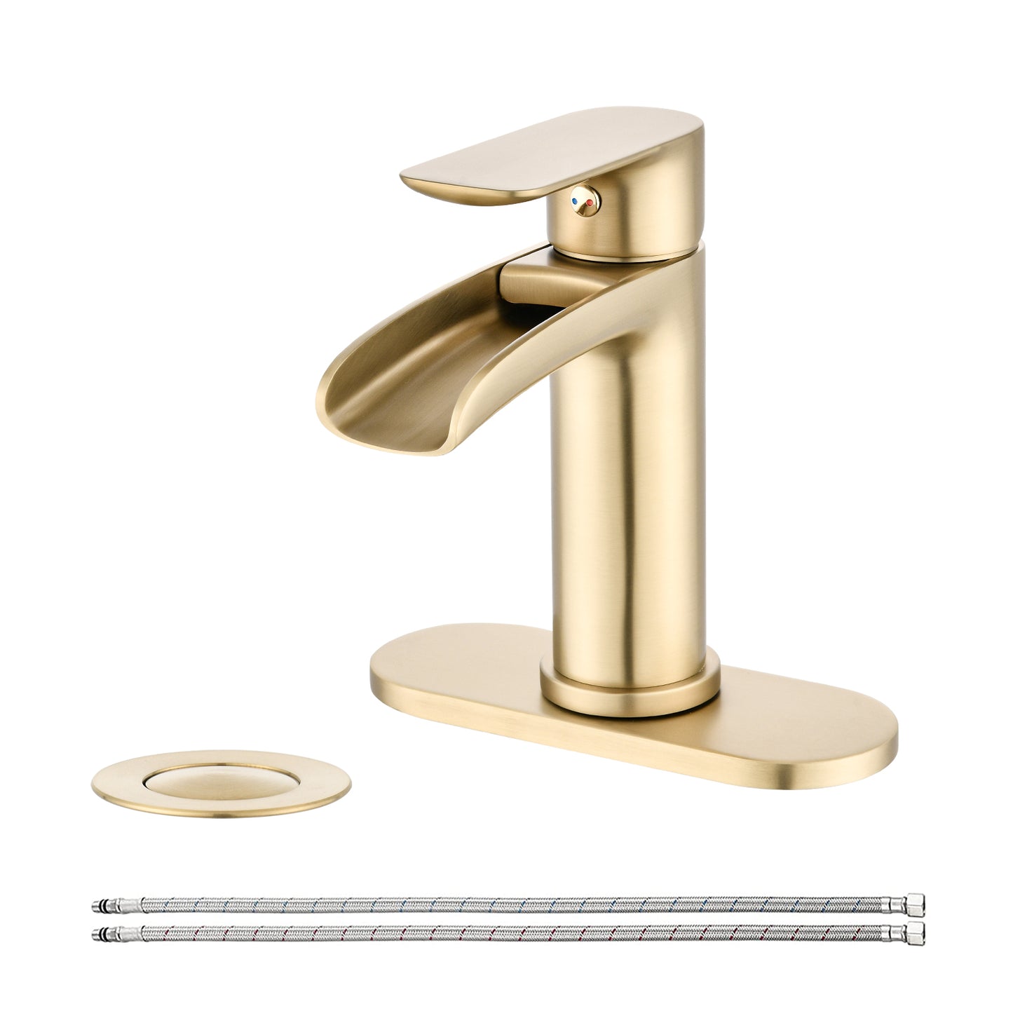 Bathroom Single Hole or Three Hole Waterfall Sink Faucet Brushed Gold Single Handle with Deck Plate and Pop-up Drain W1224P227673