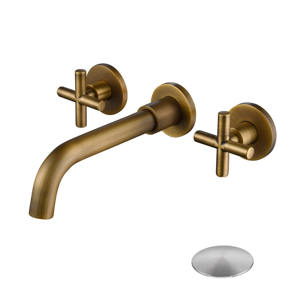 Bathroom Sink Faucet Brushed Bronze Double Handles Wall Mounted With Pop-up Drain W928P261533