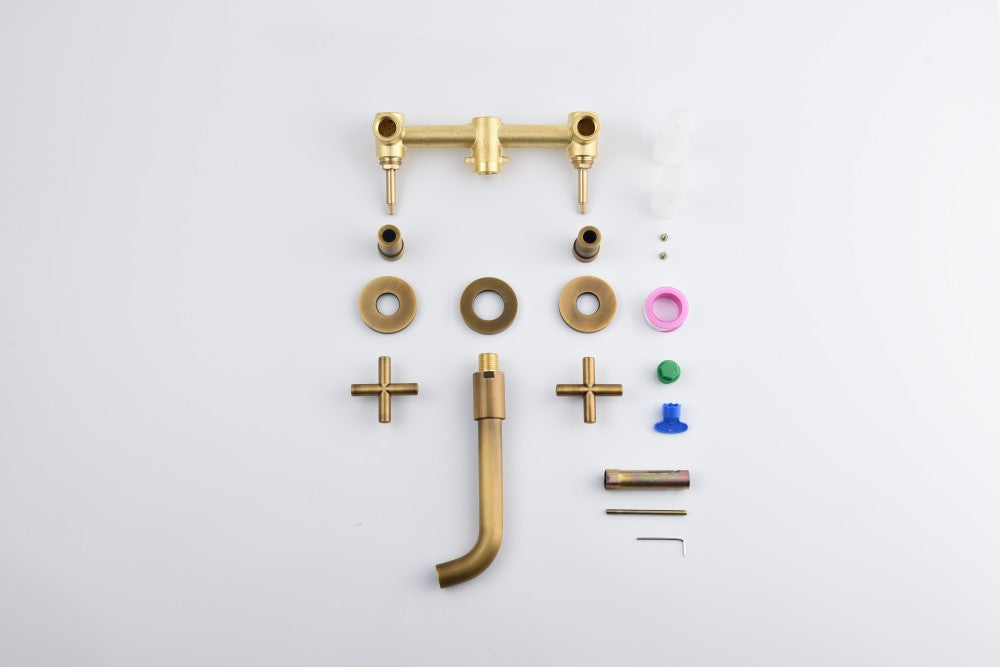 Bathroom Sink Faucet Brushed Bronze Double Handles Wall Mounted With Pop-up Drain W928P261533