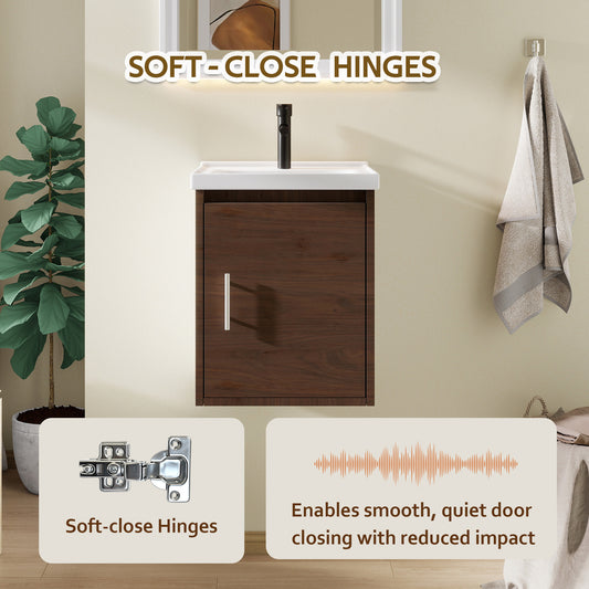 16" Floating Bathroom Vanity with Sink, Modern Wall Mounted Bathroom Vanity with Glossy White Ceramic Sink & Countertop, Soft Close Door, Plywood Storage Cabinet,Brown