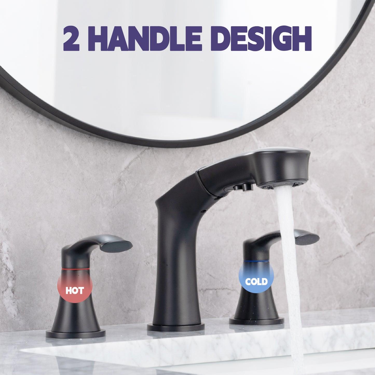 Bathroom Widespread Three Hole Pull-out Sink Faucet Matte Black Two Handles With Pop-up Drain W1224P185045