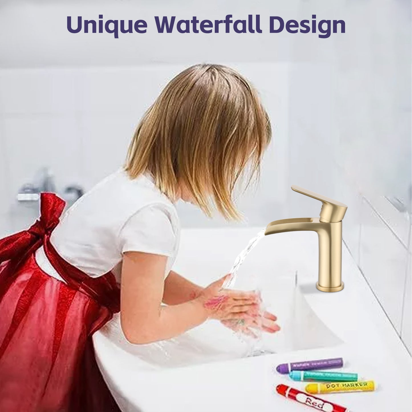 Bathroom Single Hole or Three Hole Waterfall Sink Faucet Brushed Gold Single Handle with Deck Plate and Pop-up Drain W1224P227673