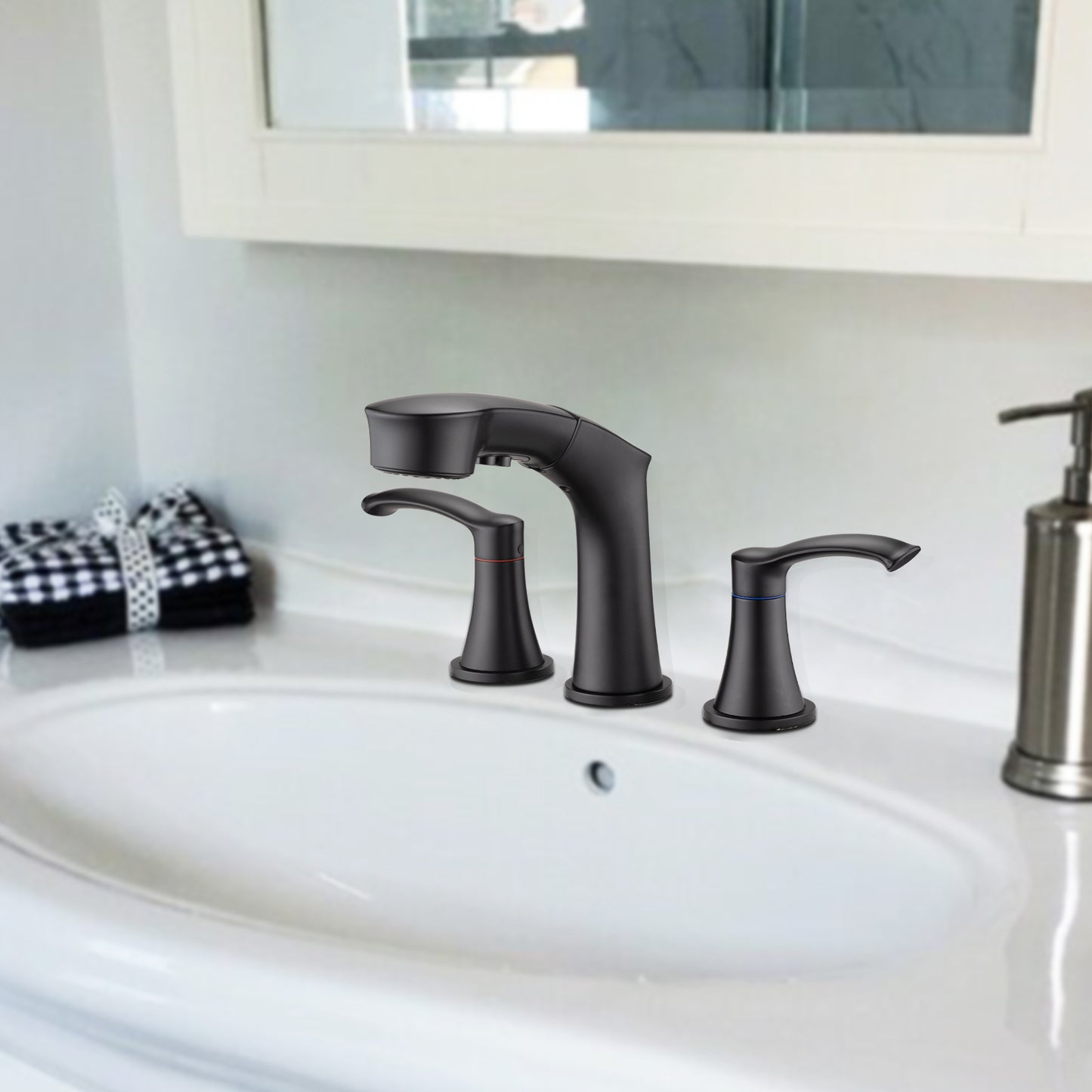 Bathroom Widespread Three Hole Pull-out Sink Faucet Matte Black Two Handles With Pop-up Drain W1224P185045