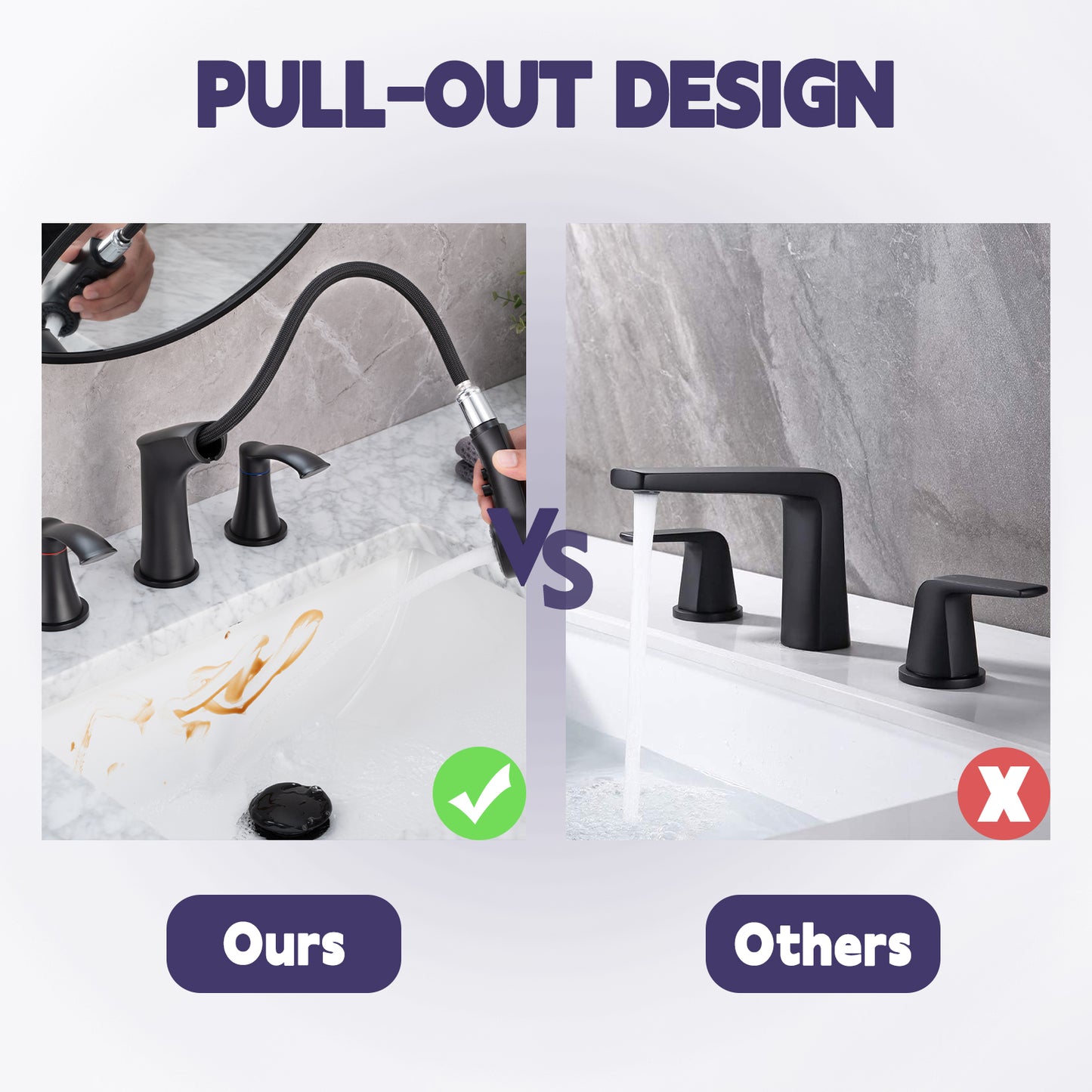 Bathroom Widespread Three Hole Pull-out Sink Faucet Matte Black Two Handles With Pop-up Drain W1224P185045