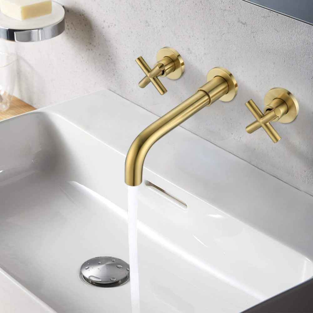 Bathroom Sink Faucet Brushed Gold Double Handles Wall Mounted With Pop-up Drain W928P261444
