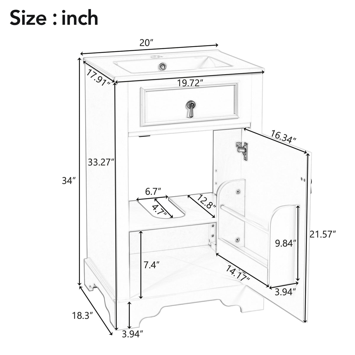 20" Bathroom Vanity with Sink, Classic Modern Bathroom Vanity Cabinet with U-Shaped Adjustable Shelf & Door Rack, Soft Close Door, Aluminum Handle,Black
