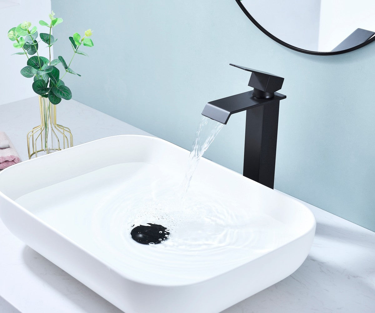 Bathroom Single Hole or Three Holes Vessel Sink Waterfall Faucet Matte Black Single Handle With Deck Plate and Pop-up Drain W928P225286