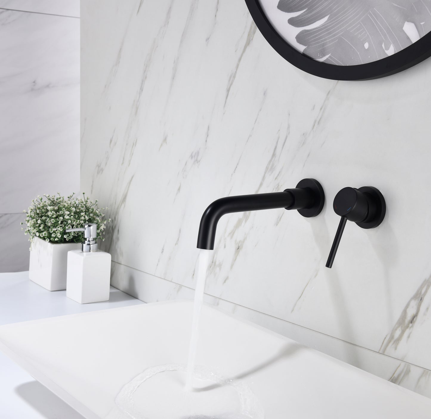 Bathroom Sink Faucet Matte Black Single Handle Wall Mounted Pop-up Drain W928P261575