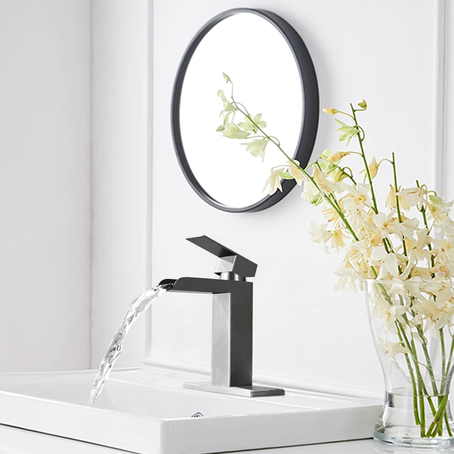 Bathroom Single Hole Three Hole Waterfall Sink Faucet Brushed Nickel Single Handle with Deck Plate and Pop-up Drain W1224P224286
