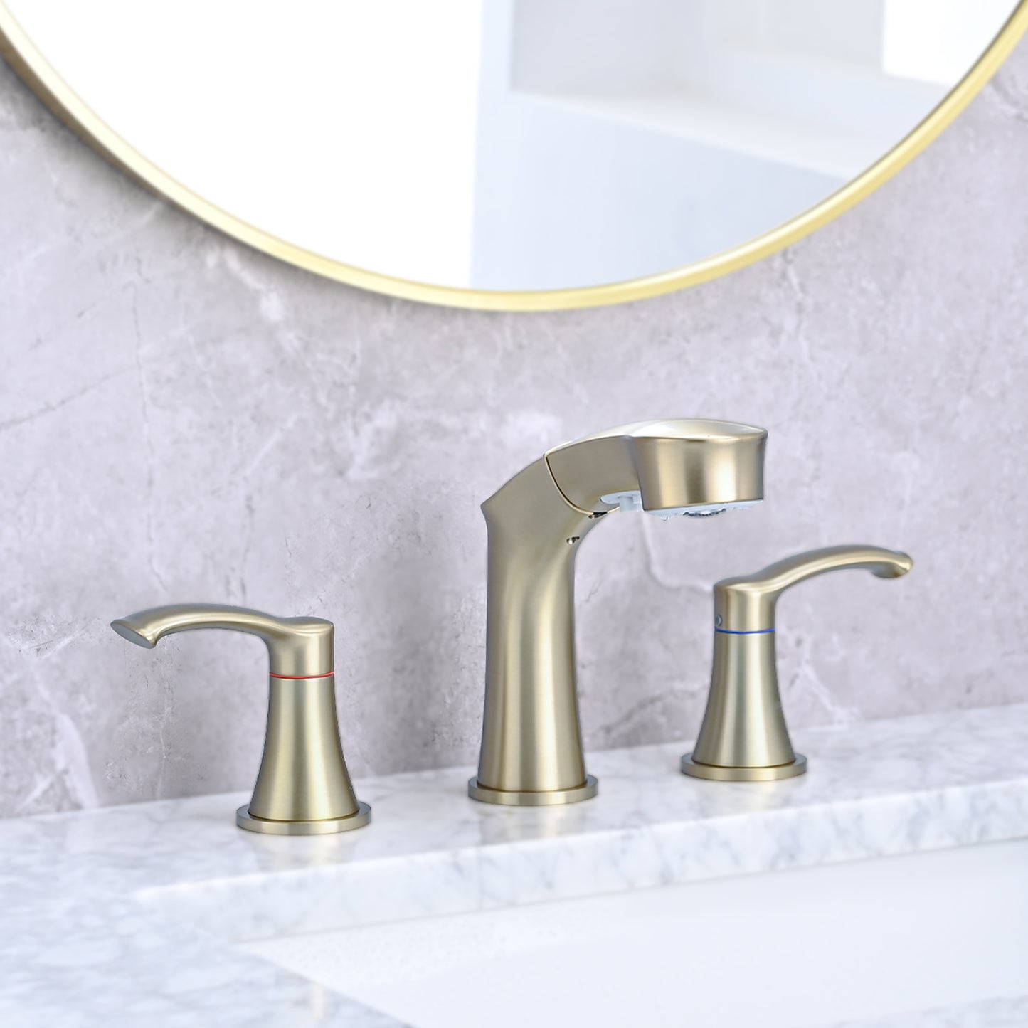 Bathroom Widespread Three Hole Pull-out Sink Faucet Brushed Gold Two Handles With Pop-up Drain W1224P185049