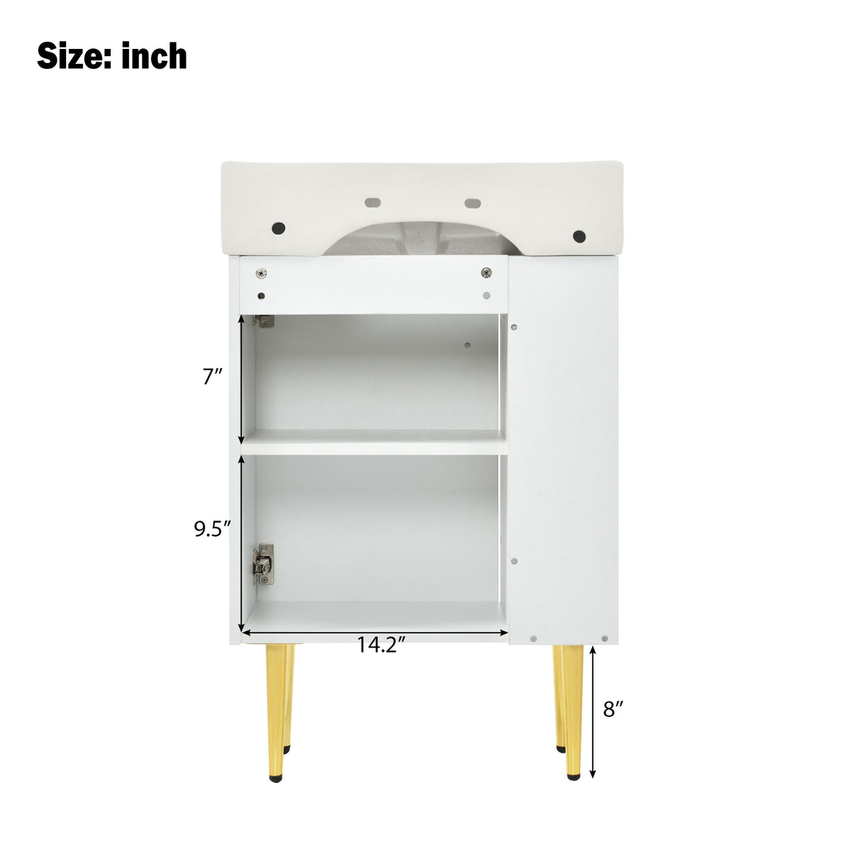 21.6" Bathroom Vanity with Sink, Slim Freestanding Bathroom Vanity Cabinet with Ceramic Sink & Overflow, Gold Metal Legs, Soft Close Door, for Small Bathroom,,White