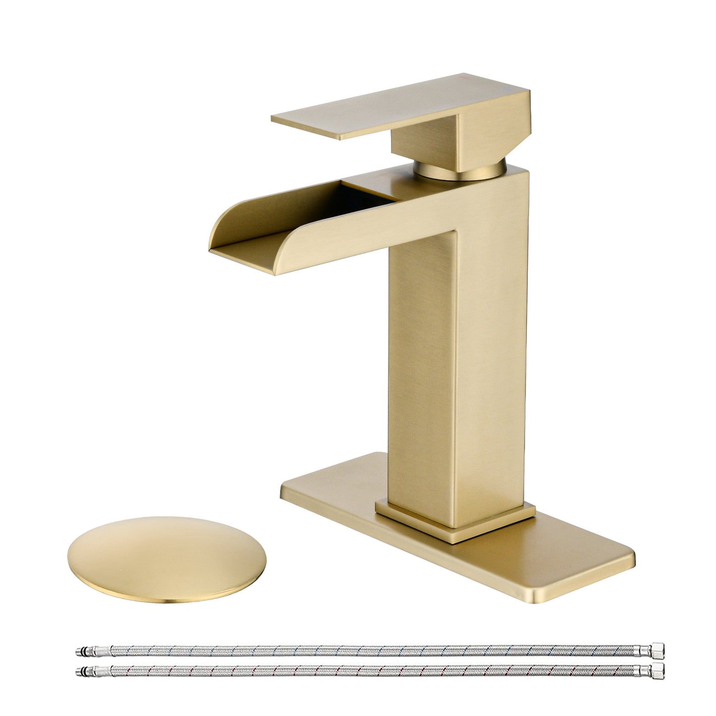 Bathroom Single Hole or Three Holes Waterfall Sink Faucet Brushed Gold Single Handle with Deck Plate and Pop-up Drain W1224P224288