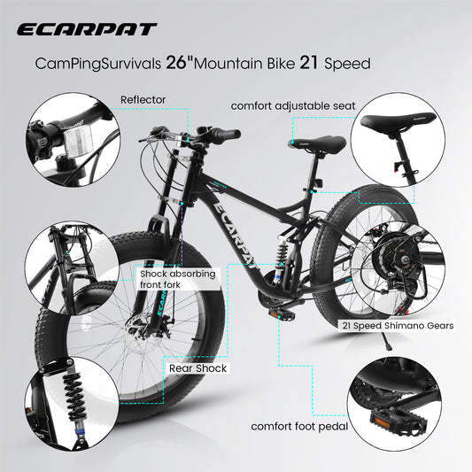 26x4 Inch Fat Tire Mountain Bike Shimano 21 Speed Dual Disc Brake Dual Suspension Trail Bike, Urban Commuter City Bicycle Adult or Youth Black