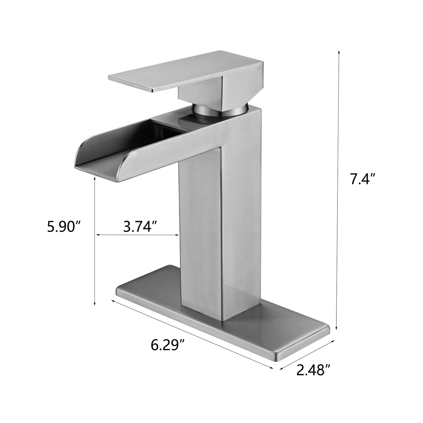 Bathroom Single Hole Three Hole Waterfall Sink Faucet Brushed Nickel Single Handle with Deck Plate and Pop-up Drain W1224P224286
