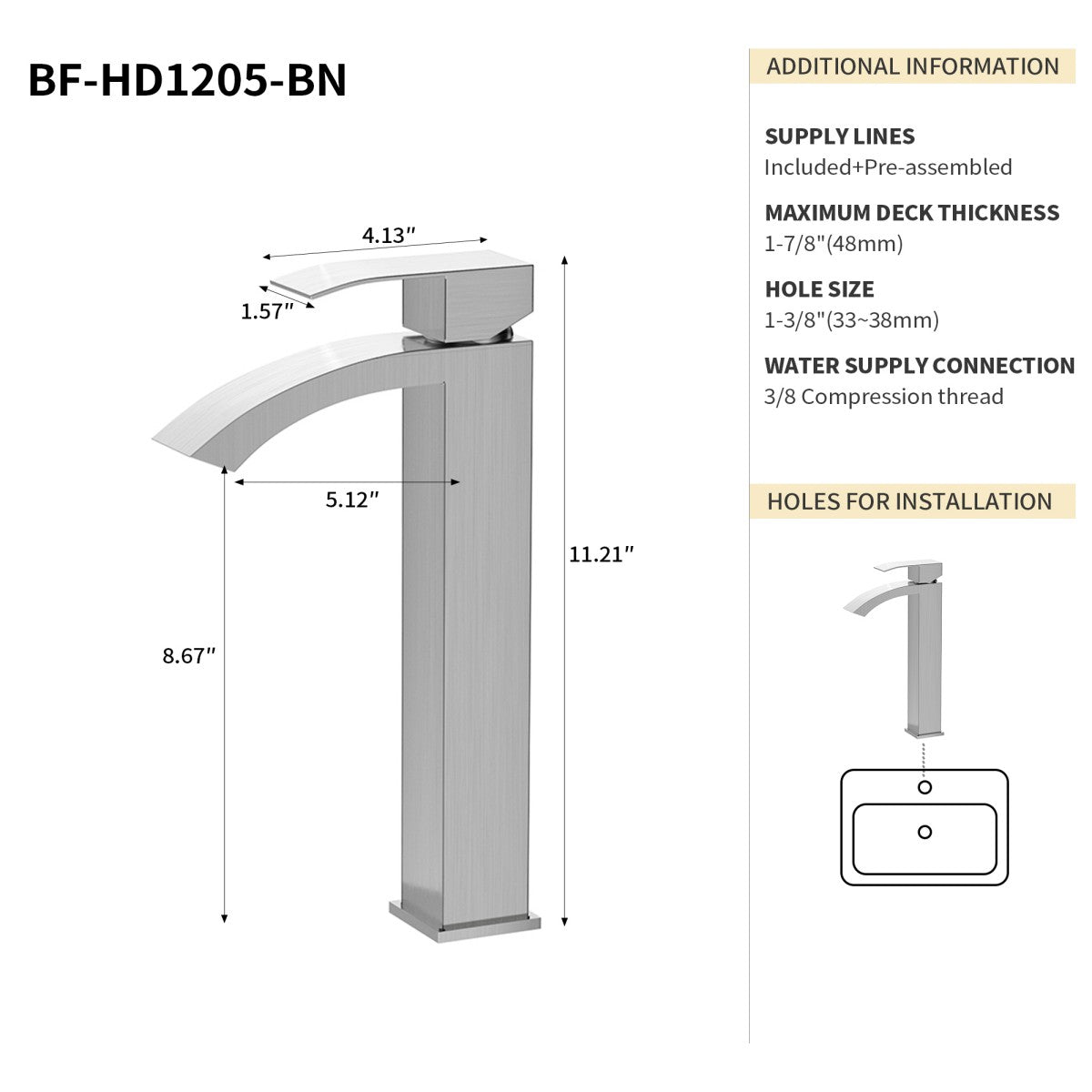 Bathroom Single Hole Vessel Sink Waterfall Faucet Brushed Nickel Single Handle B2724P262883