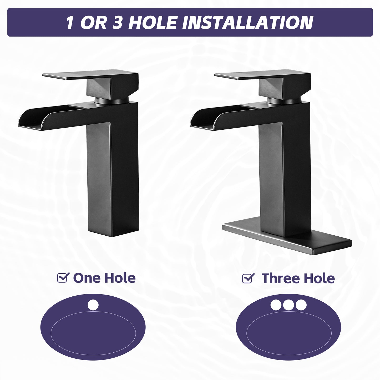 Bathroom Single Hole Three Hole Waterfall Sink Faucet Matte Black Single Handle with Deck Plate and Pop-up Drain W1224P224285
