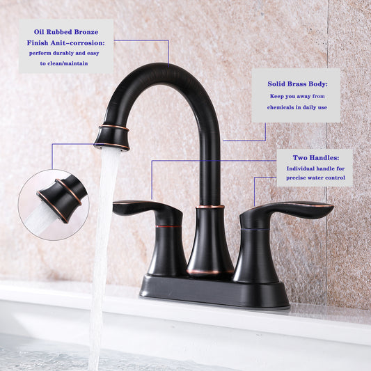 Oil-Rubbed Bronze 4-Inch Centerset Bathroom Sink Faucet, Two-Handle Vanity Faucet with Pop-Up Drain & Supply Lines