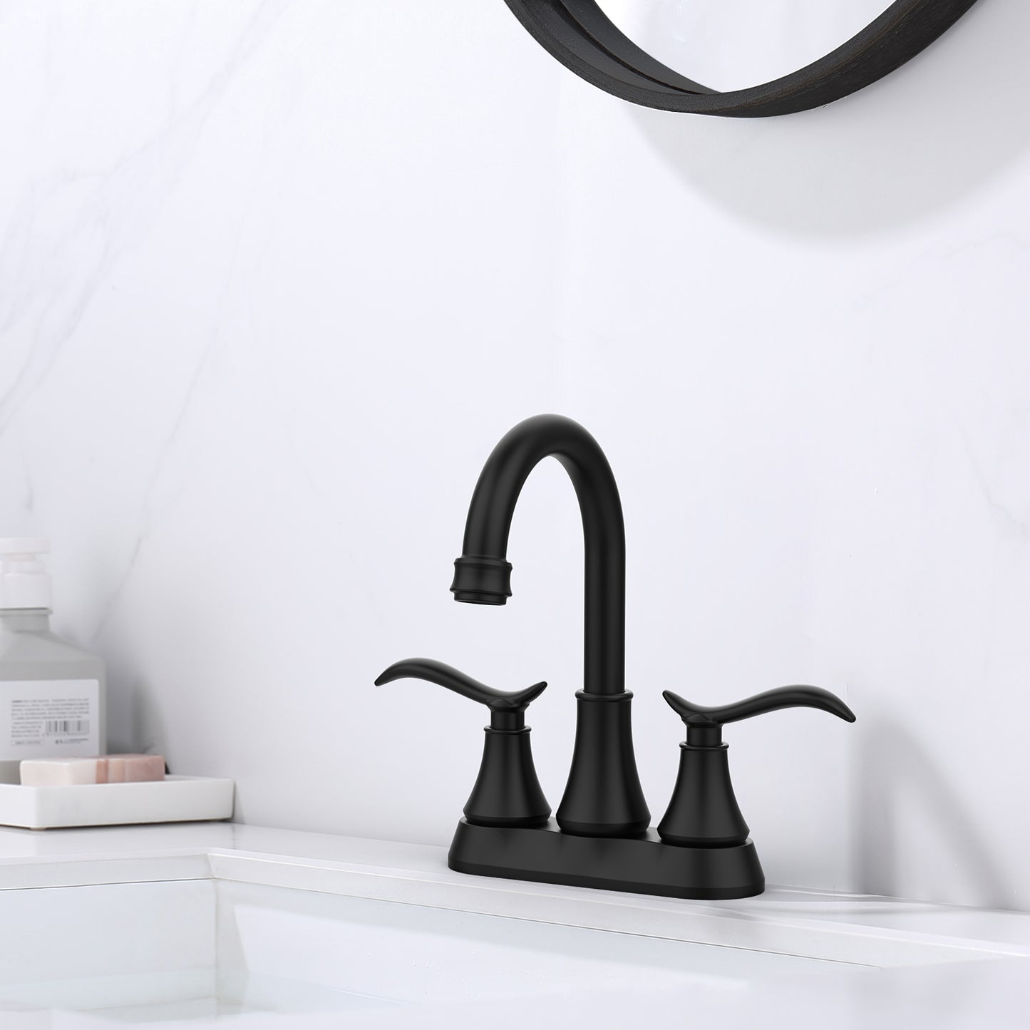 Matte Black 4-Inch Centerset Bathroom Sink Faucet, Two-Handle Vanity Faucet with 360° Swivel High Arc Spout, Pop-Up Drain & Supply Lines