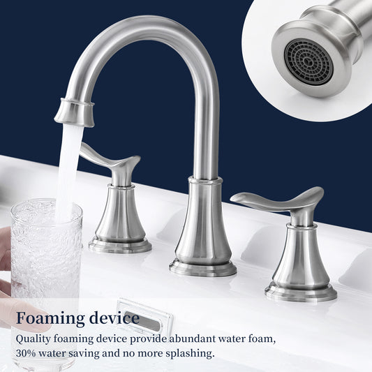 2-Handle 8-Inch Widespread Bathroom Sink Faucet, Brushed Nickel 3-Hole Vanity Faucet with 360° Swivel Spout, Pop-Up Drain & Supply Lines Included