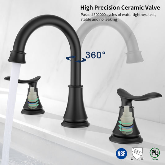 2-Handle 8-Inch Widespread Bathroom Sink Faucet, Matte Black 3-Hole Vanity Faucet with 360° Swivel Spout, Pop-Up Drain & Supply Lines Included