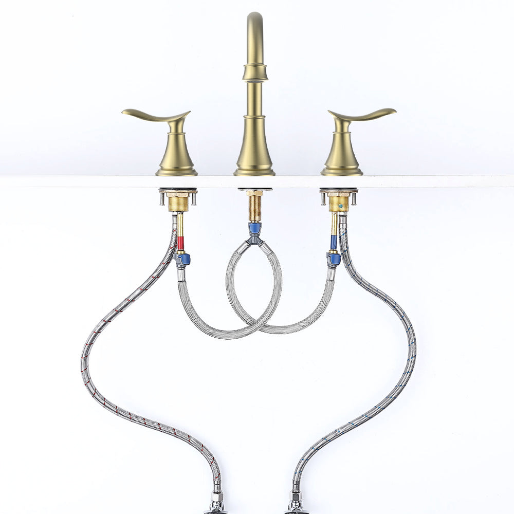 2-Handle 8-Inch Widespread Bathroom Sink Faucet, Brushed Gold 3-Hole Vanity Faucet with 360° Swivel Spout, Pop-Up Drain & Supply Lines Included