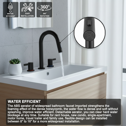 8-Inch Widespread Bathroom Sink Faucet with Pull-Out Sprayer, 2 Spray Modes, 2-Handle 3-Hole Vanity Faucet, 360° Swivel Spout, Pop-Up Drain Included, Matte Black