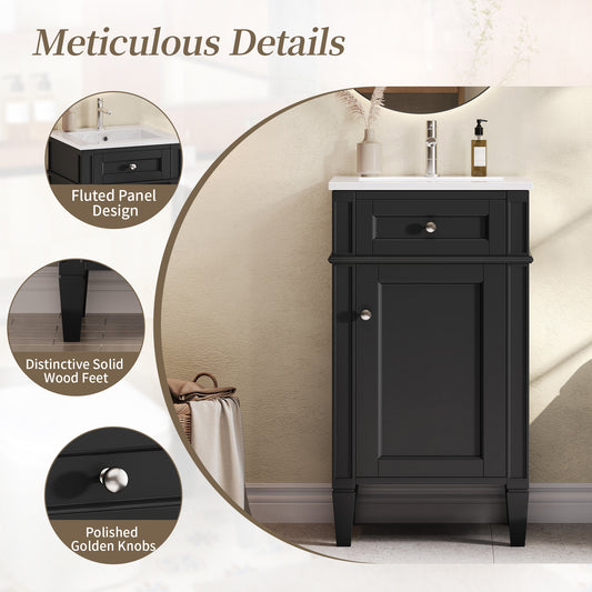 18" Bathroom Vanity with Sink, French Style Small Bathroom Vanity, Freestanding Wood Vanity Cabinet with Ceramic Sink Basin, Soft Close Door & U-Shaped Shelf,Black