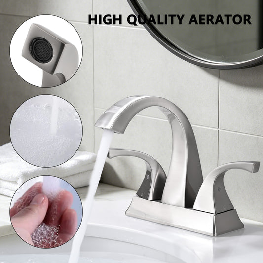 Solid Brass Brushed Nickel 4-Inch Centerset Bathroom Sink Faucet, Two-Handle Vanity Faucet with Pop-Up Drain