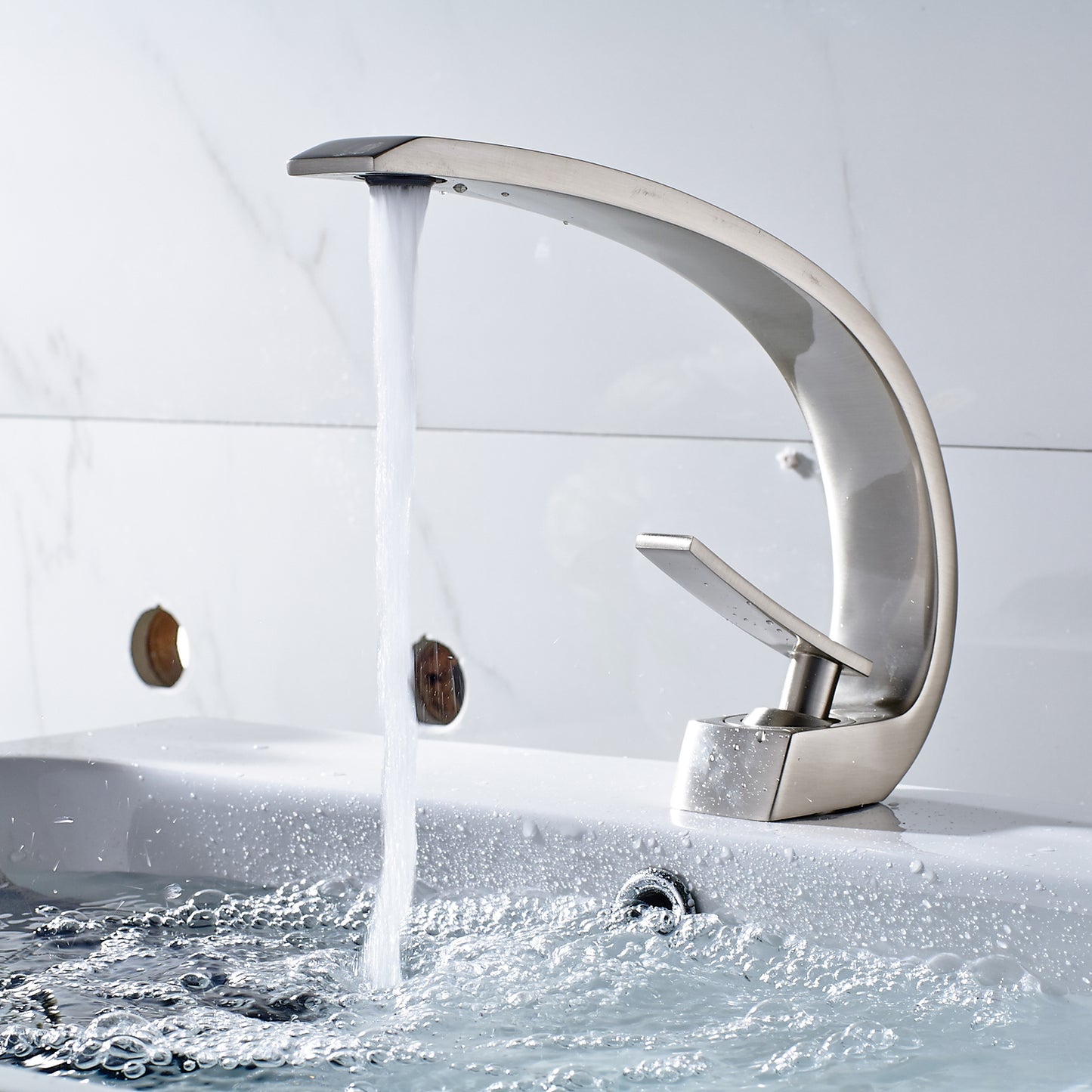 Solid Brass Brushed Nickel Bathroom Sink Faucet, Modern Single Handle Single-Hole Vanity Faucet