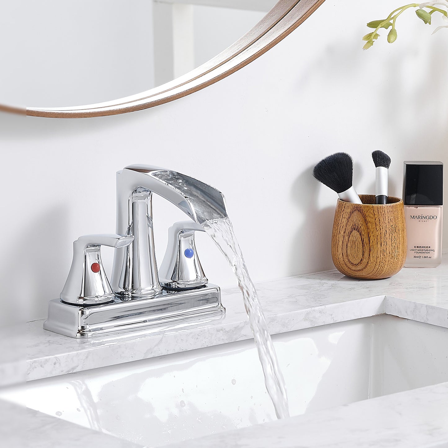 Solid Brass Chrome 4-Inch Centerset Bathroom Sink Faucet, Two-Handle Waterfall Faucet with 360° Swivel Spout & Pop-Up Drain