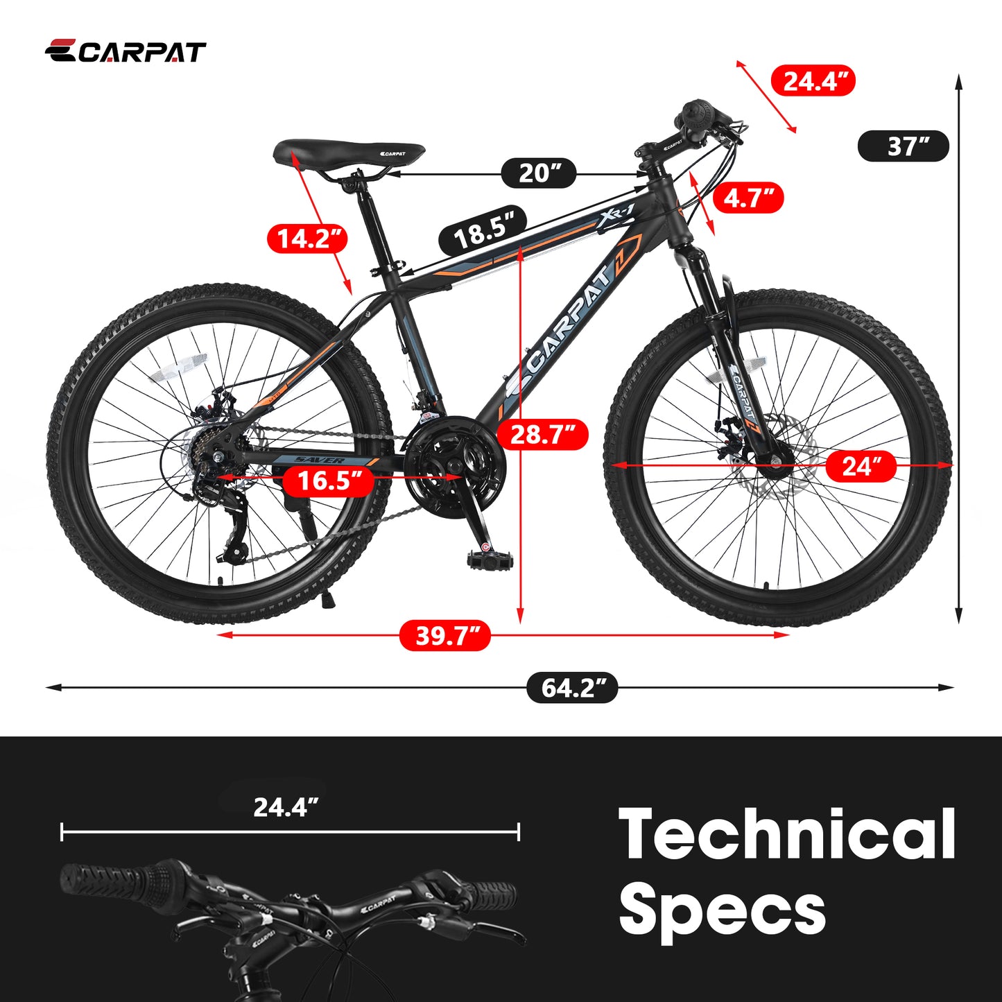 24 Inch Mountain Bike, 21 Speed, Dual Dis Brake, Front Suspension For Boy Girl,Black Orange S24102BO