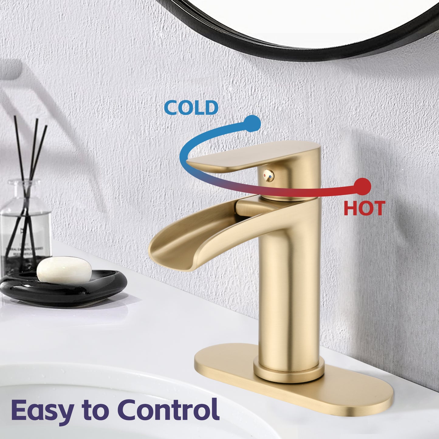 Bathroom Single Hole or Three Hole Waterfall Sink Faucet Brushed Gold Single Handle with Deck Plate and Pop-up Drain W1224P227673