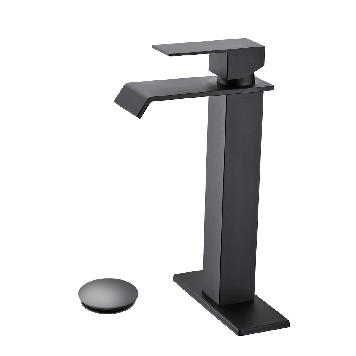 Bathroom Single Hole or Three Holes Vessel Sink Waterfall Faucet Matte Black Single Handle With Deck Plate and Pop-up Drain W928P225286