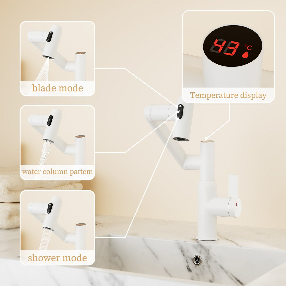 Bathroom Single Hole Sink Faucet White Two Handles Rotable Spout W1217P214946