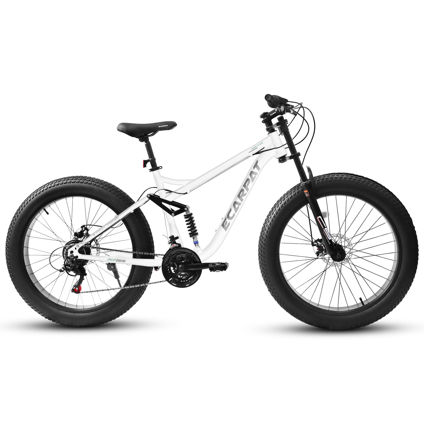 26x4 Inch Fat Tire Mountain Bike Shimano 21 Speed Dual Disc Brake Dual Suspension Trail Bike, Urban Commuter City Bicycle Adult or Youth Whitre