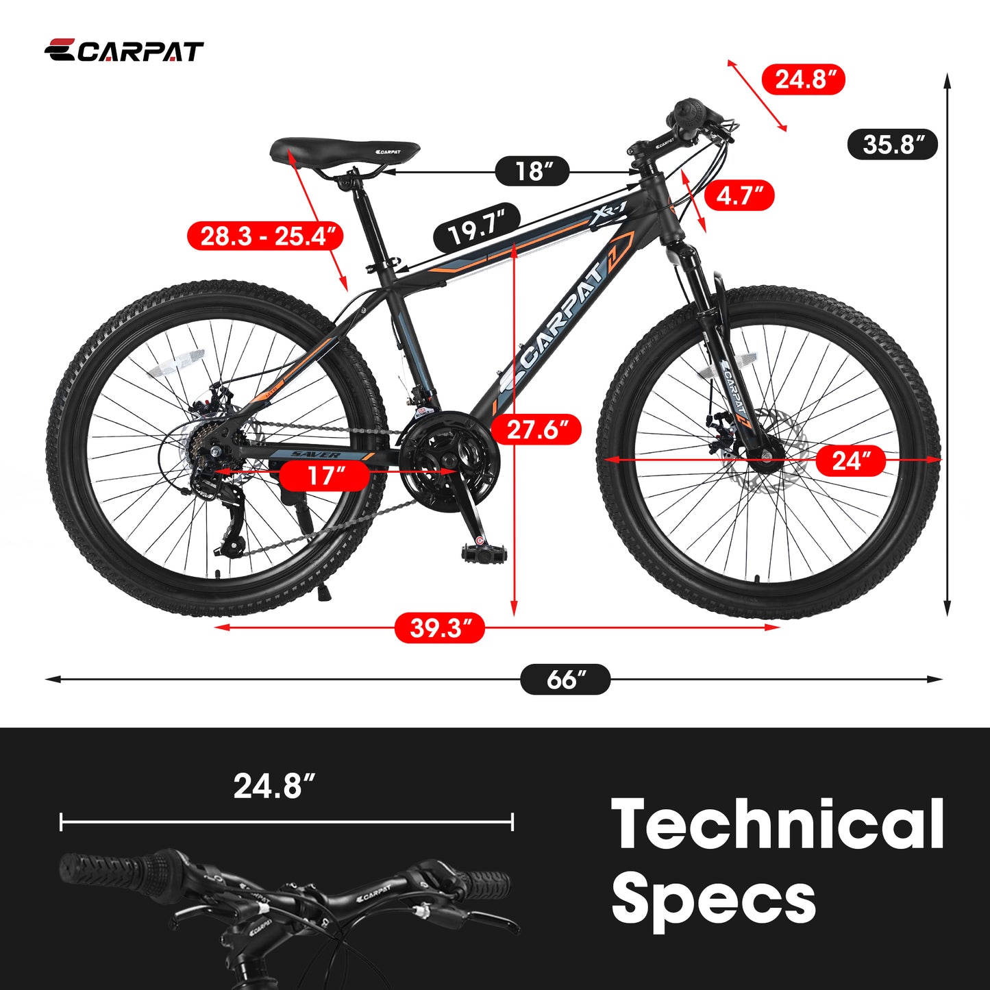 24 Inch Mountain Bike, 21 Speed, Dual Dis Brake, Front Suspension For Boy Girl,Black Orange S24102BO
