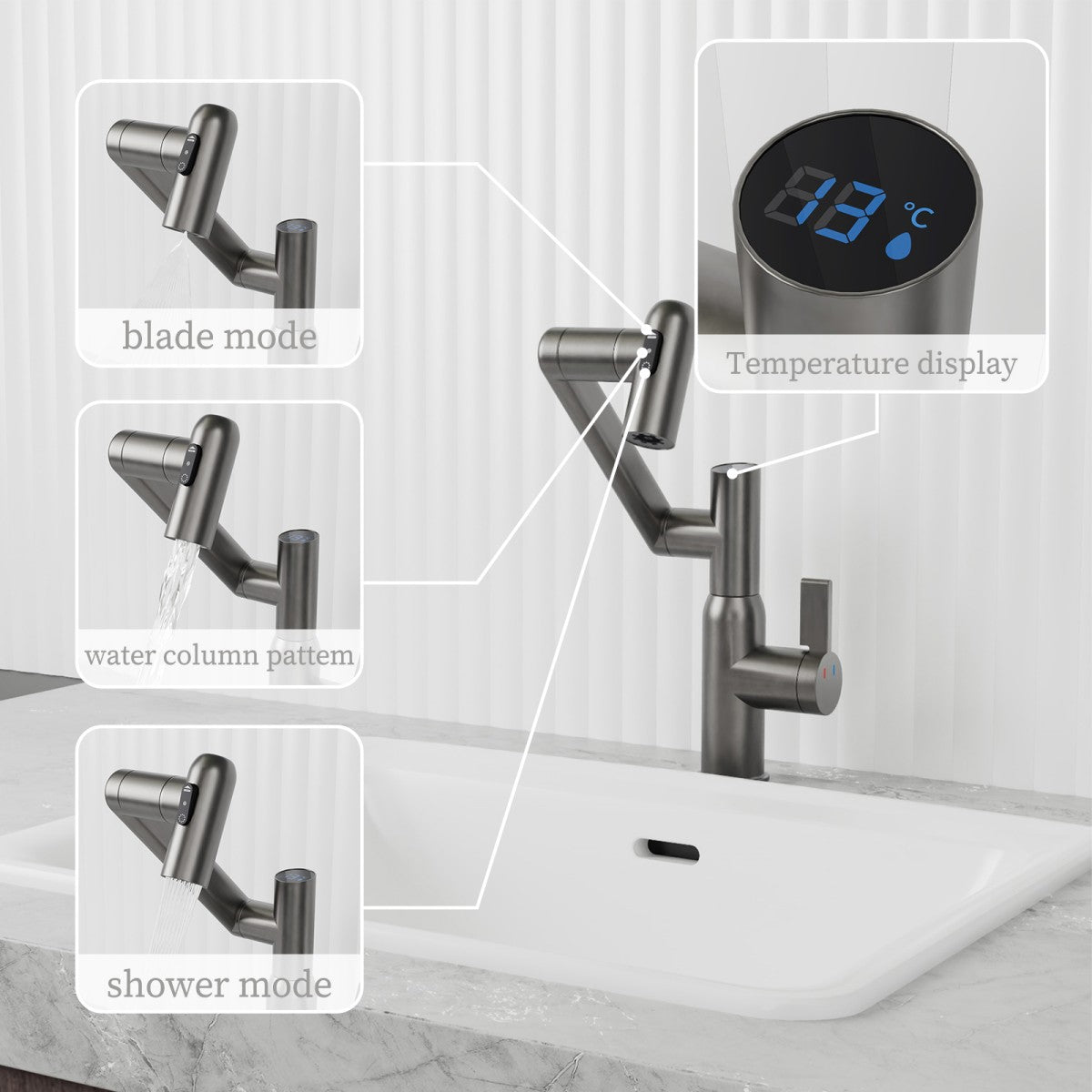 Bathroom Single Hole Sink Faucet Grey Two Handles Rotable Spout W1217P214939