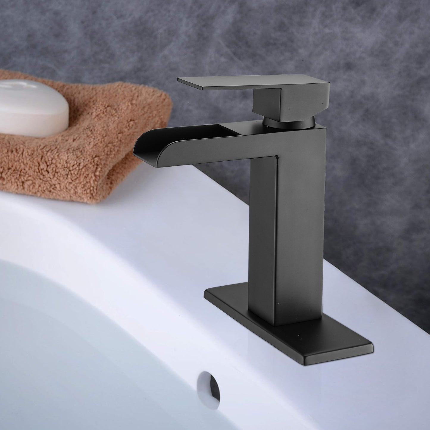 Bathroom Single Hole Three Hole Waterfall Sink Faucet Matte Black Single Handle with Deck Plate and Pop-up Drain W1224P224285