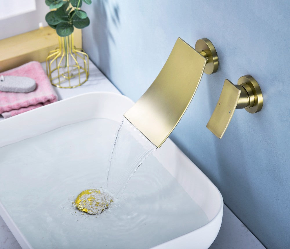 Bathroom Waterfall Sink Faucet Gold Single Handle Wall Mounted W2287P185537