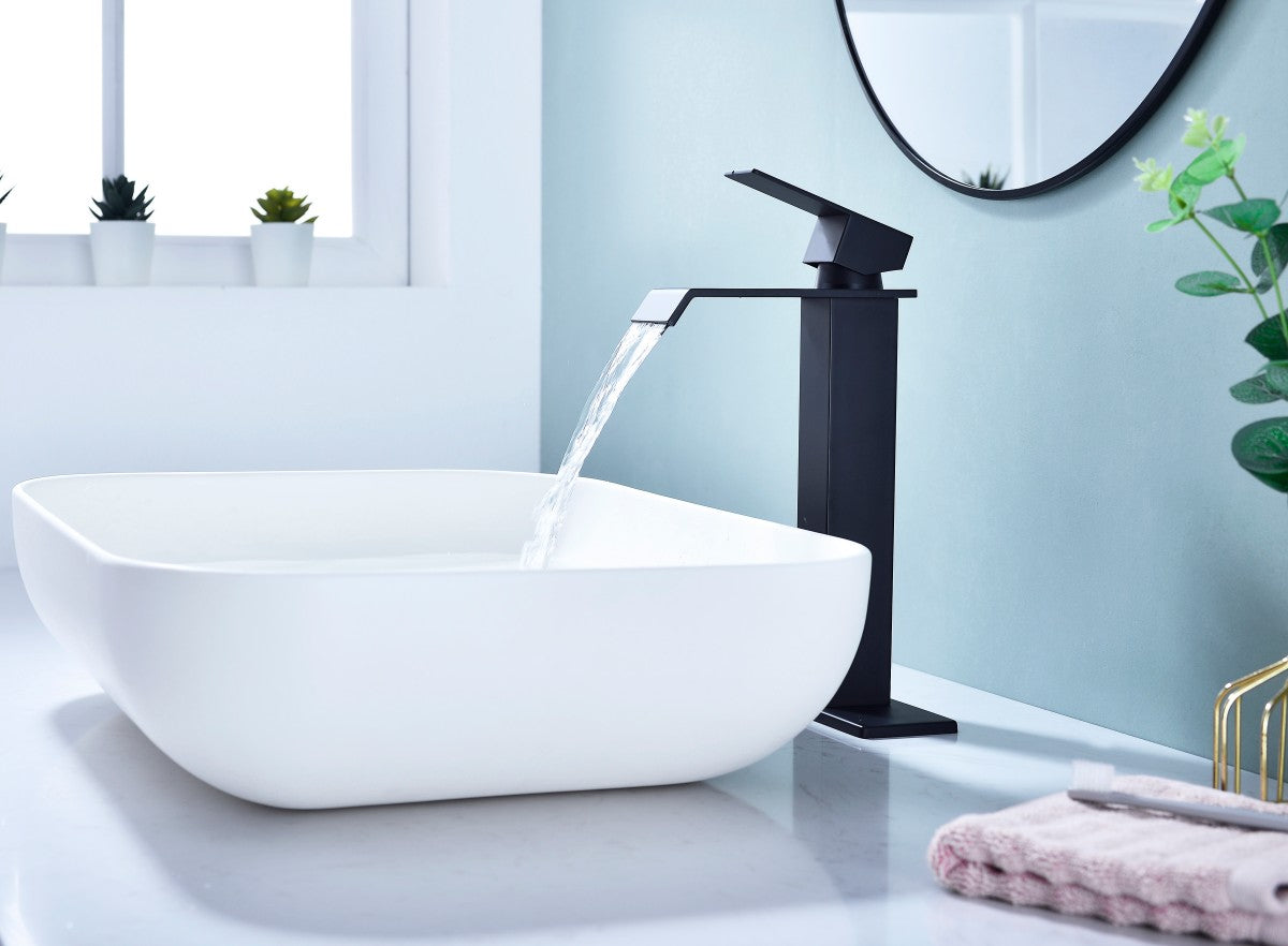 Bathroom Single Hole or Three Holes Vessel Sink Waterfall Faucet Matte Black Single Handle With Deck Plate and Pop-up Drain W928P225286